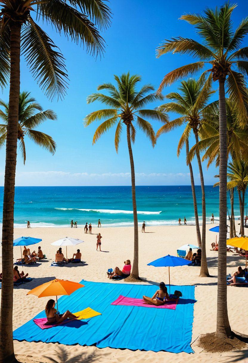 A sunny beach scene featuring diverse students at Rochville University, showcasing various trendy bikini styles, playing beach volleyball, and lounging on colorful towels. Include palm trees swaying in the gentle breeze, with a backdrop of a clear blue ocean and bright sky. Capture the vibrant summer atmosphere with fun and relaxation. vibrant colors. super-realistic. summer theme.